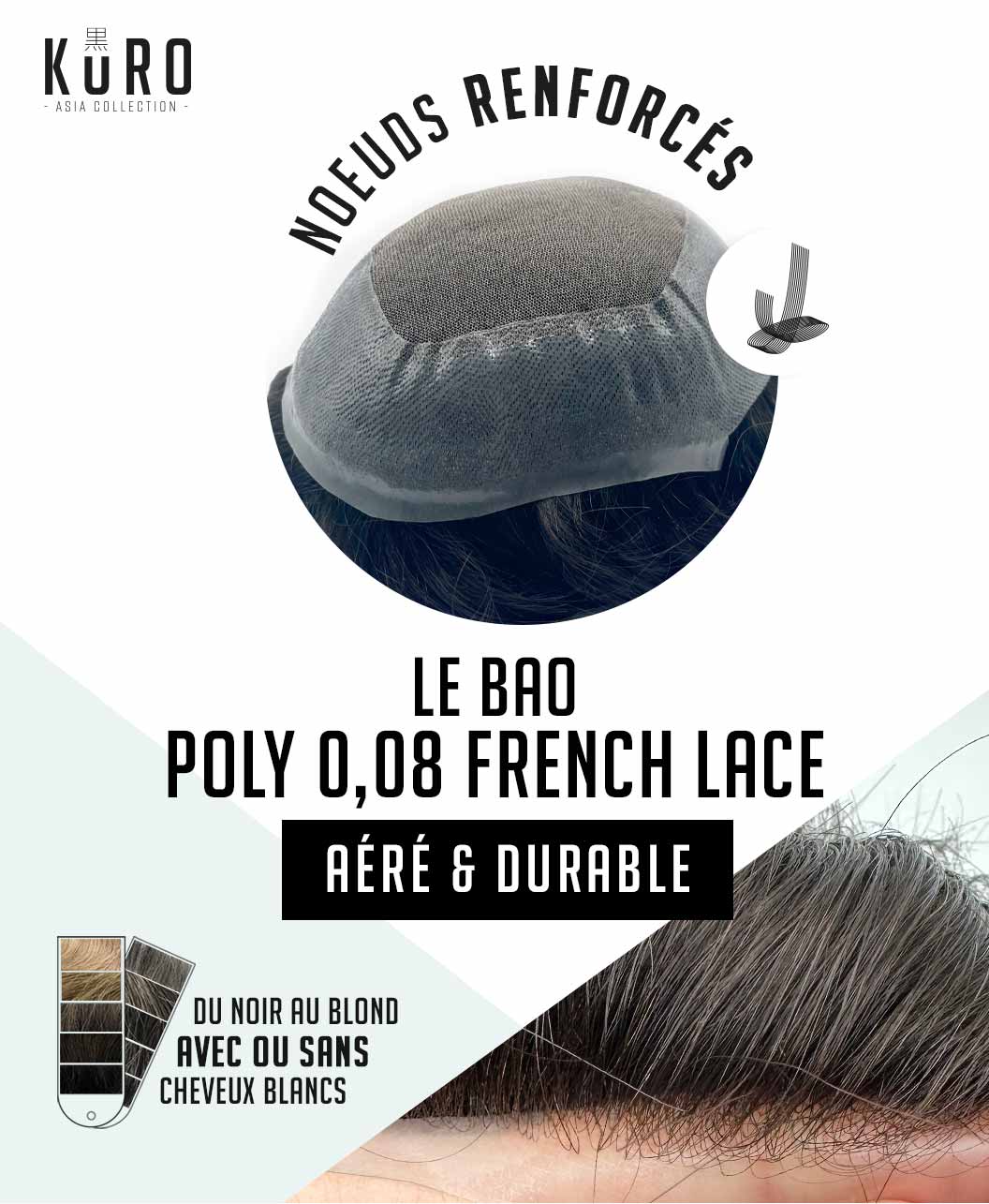 Bao Complément capillaire Mixte Poly Lace 3 complement capillaire mixte polyuréthane et french lace cheveux naturels